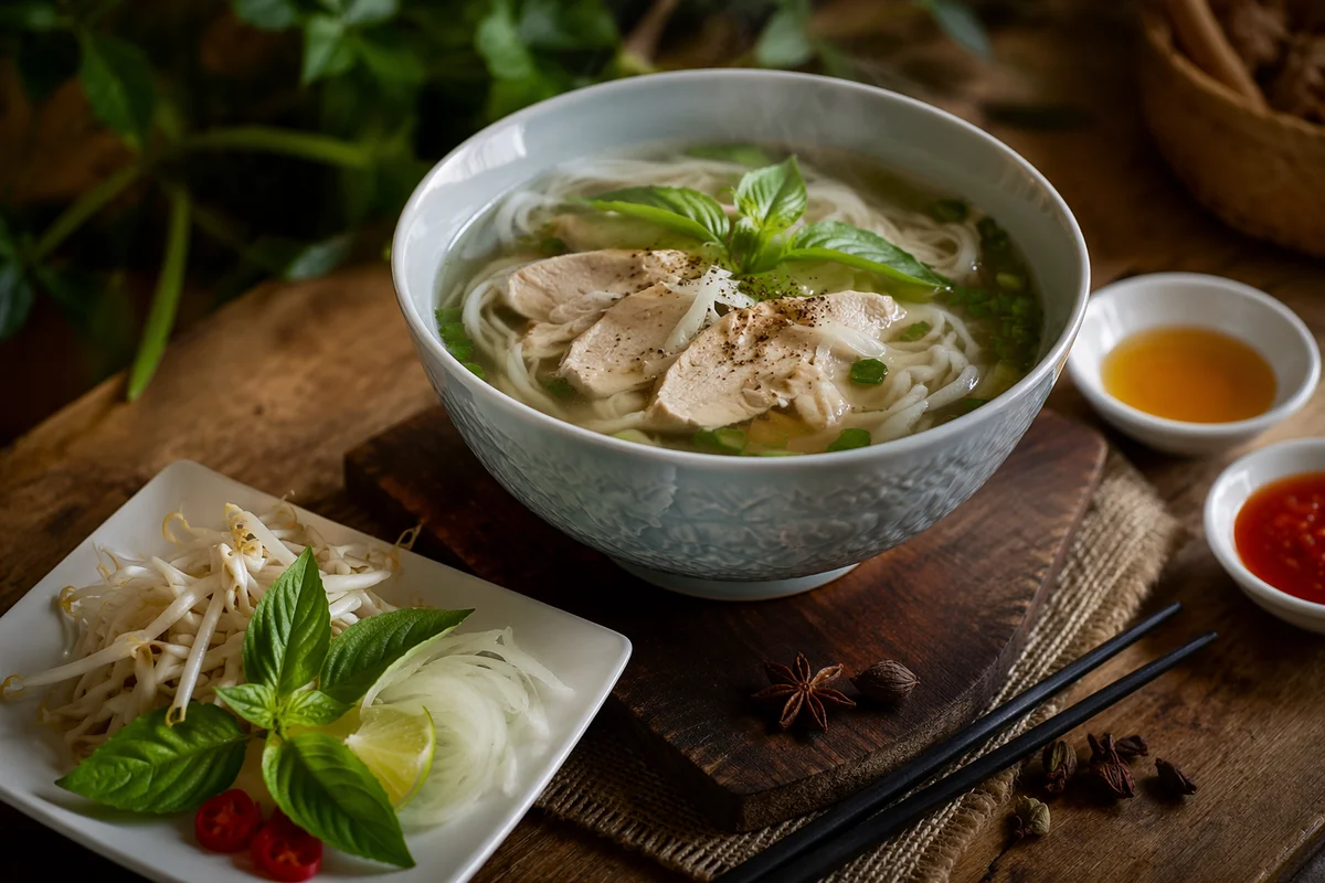 Steaming Vietnamese Pho Bowl with Fresh Herbs