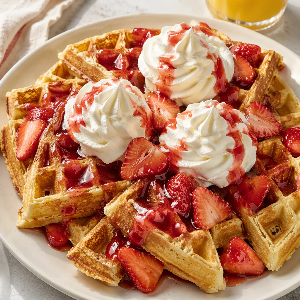 Golden Waffles with Strawberries and Cream