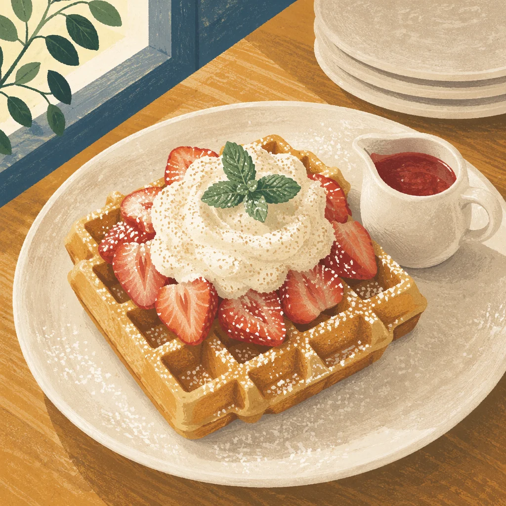 Belgian Waffle with Strawberries and Cream