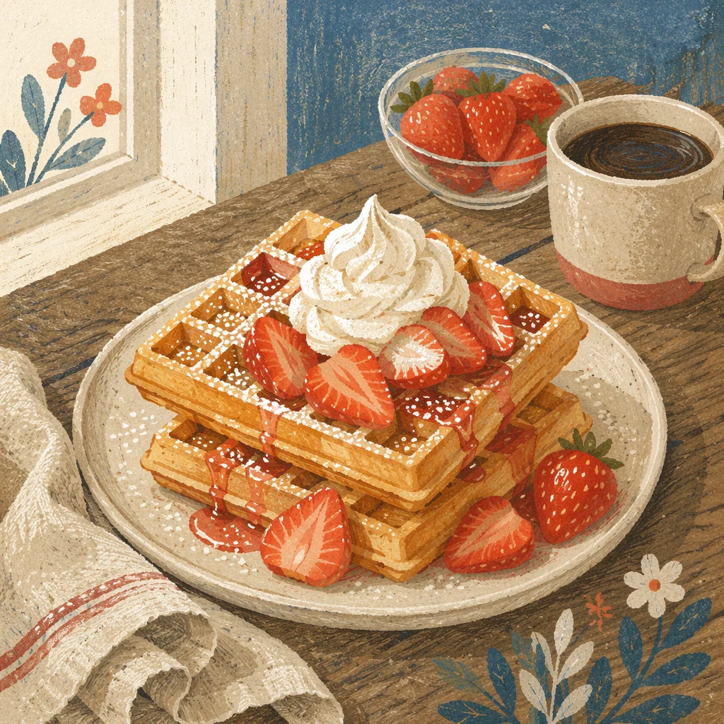 Belgian Waffles with Strawberries and Cream