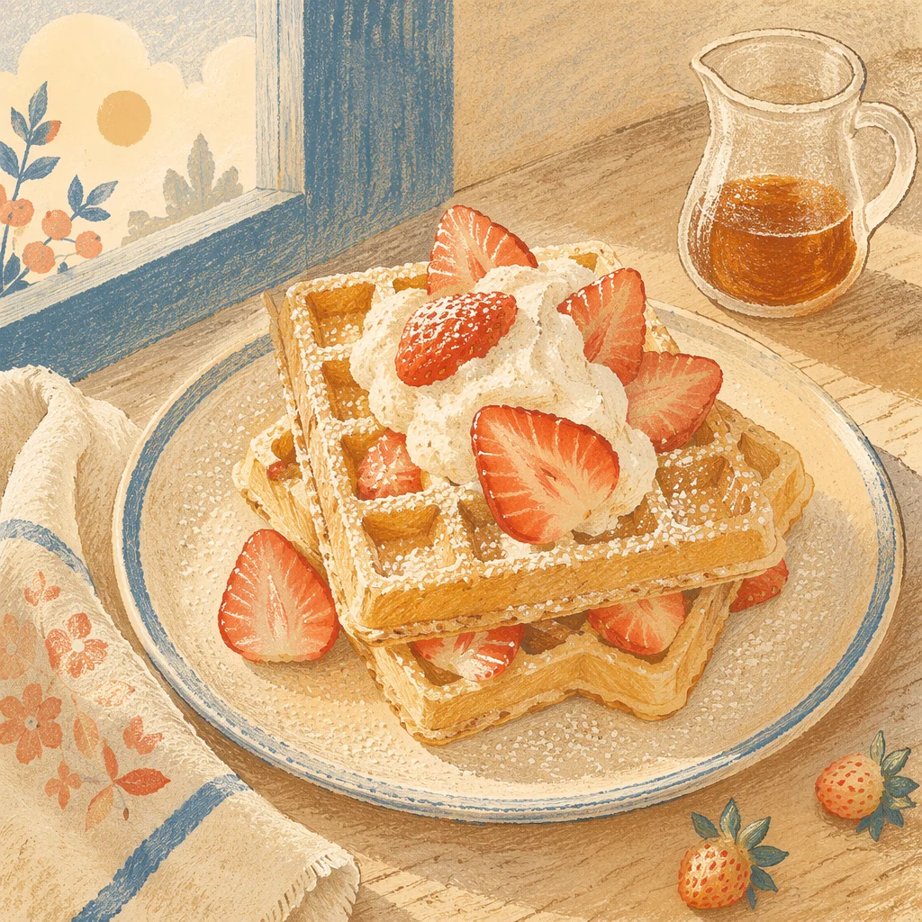 Golden Waffles with Strawberries and Cream
