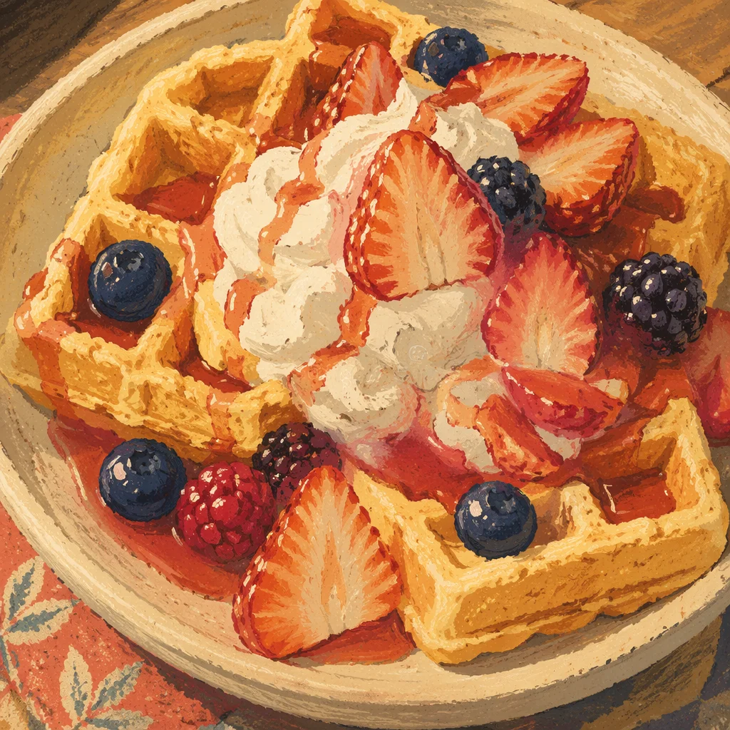 Golden Waffles with Strawberries and Cream