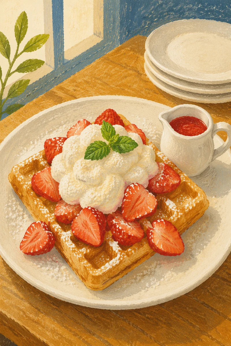 Belgian Waffle with Strawberries and Cream
