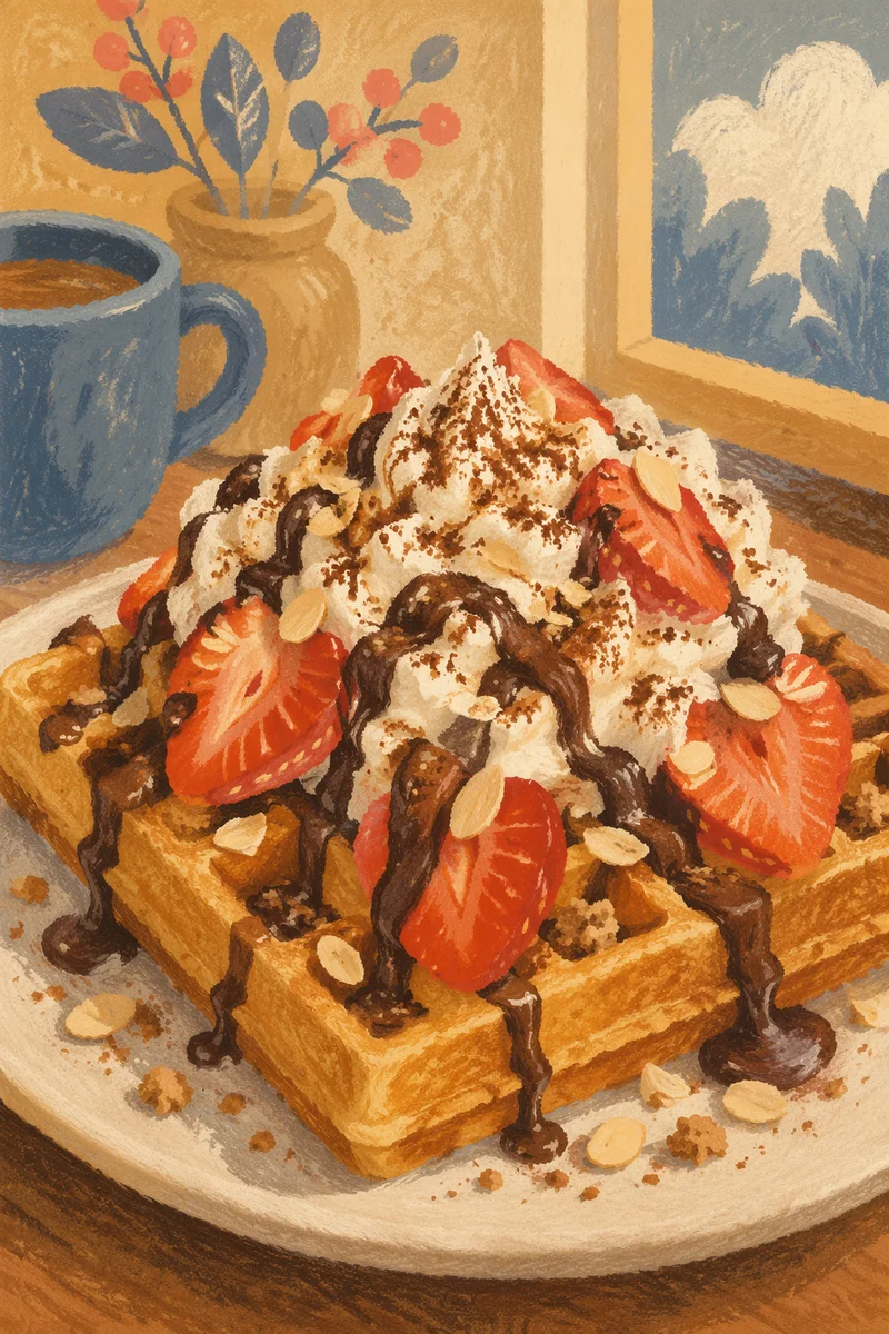 Belgian Waffle with Strawberries and Cream