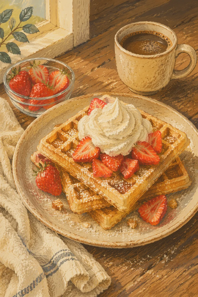 Golden Waffles with Strawberries and Cream