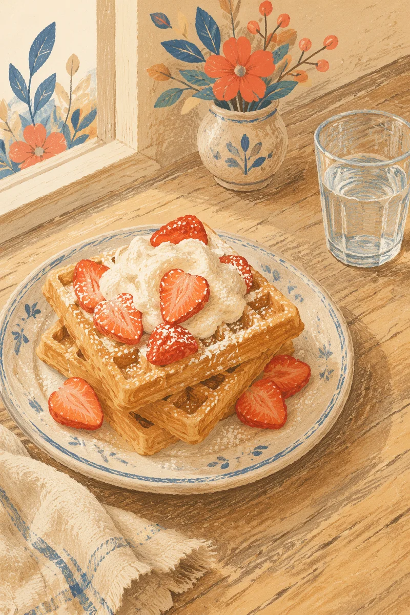 Belgian Waffles with Strawberries and Cream