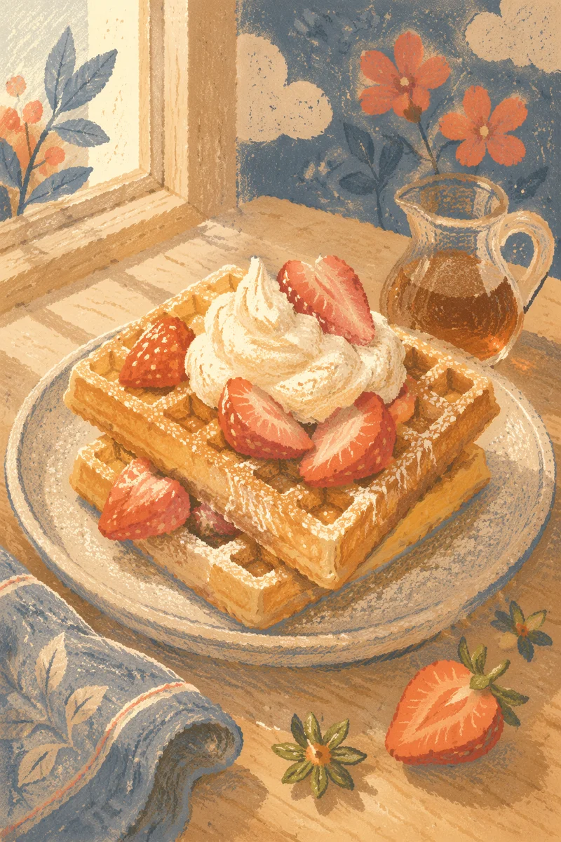 Golden Waffles with Strawberries and Cream