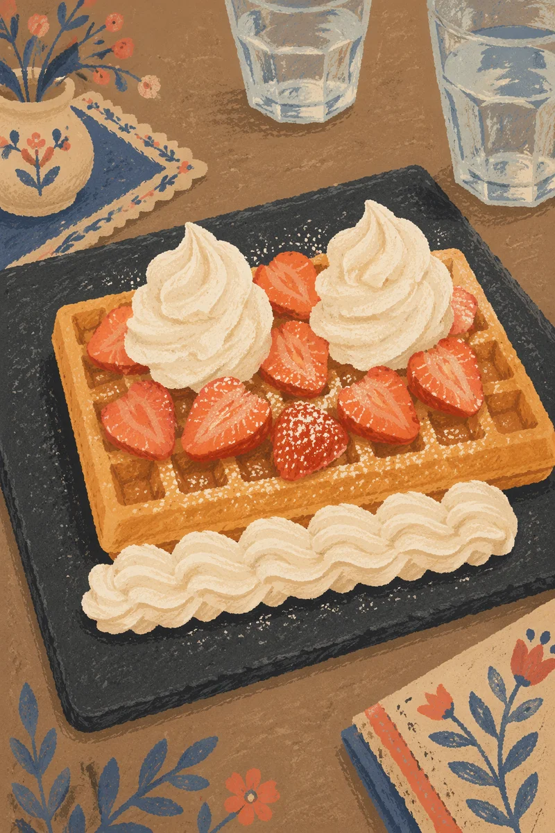 Belgian Waffle with Strawberries and Cream