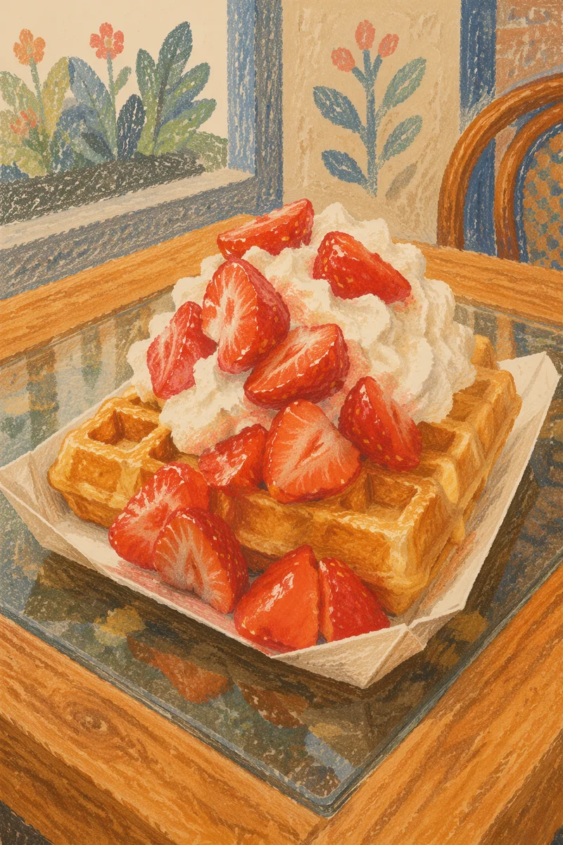 Belgian Waffle with Strawberries and Cream