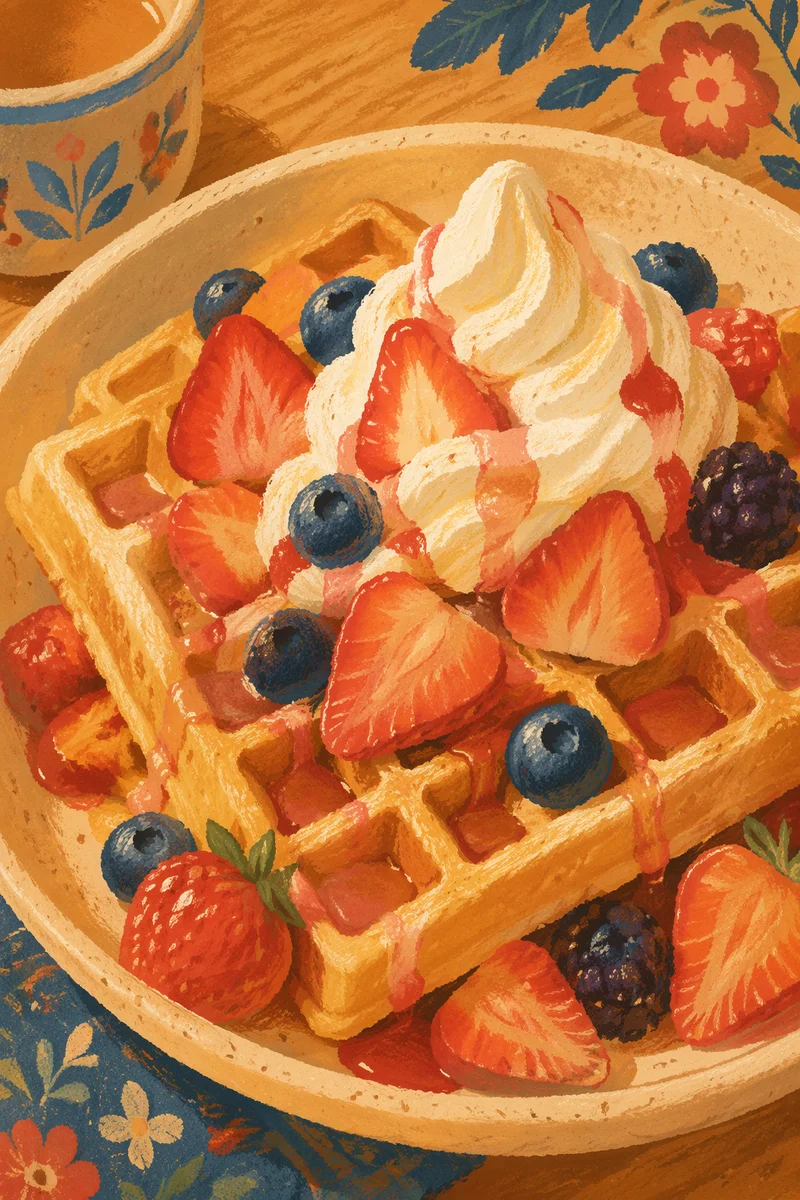 Golden Waffles with Cream and Strawberries
