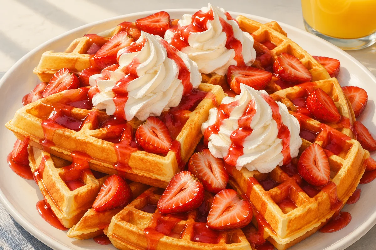 Golden Waffles with Strawberries and Cream