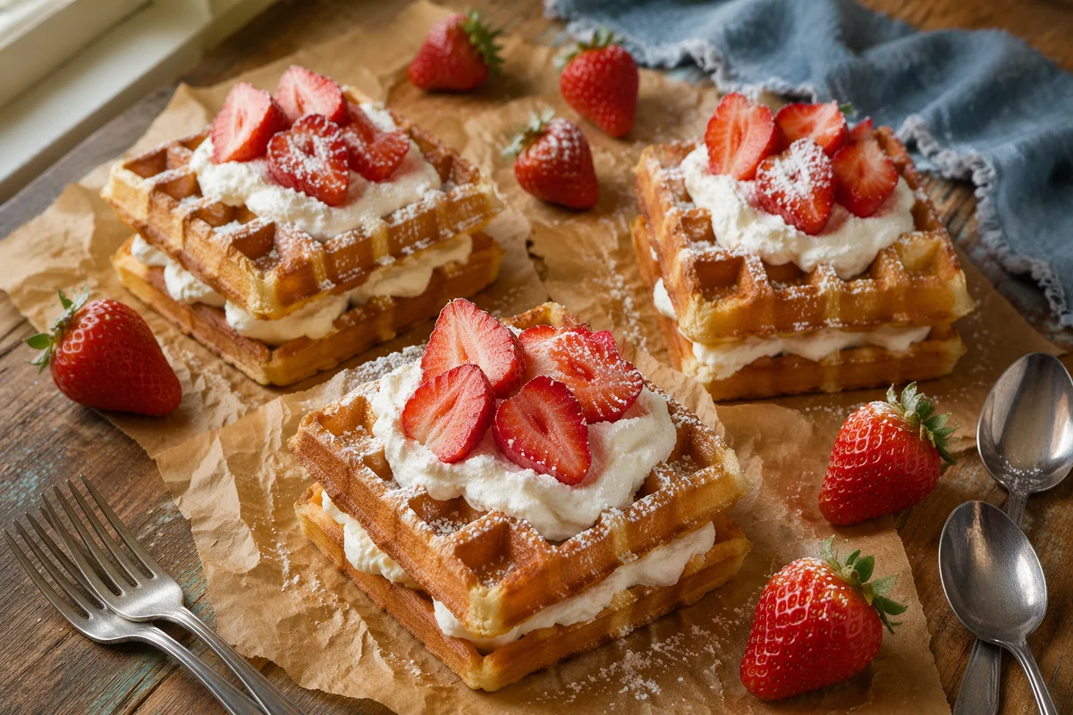 Belgian Waffles with Strawberries and Cream