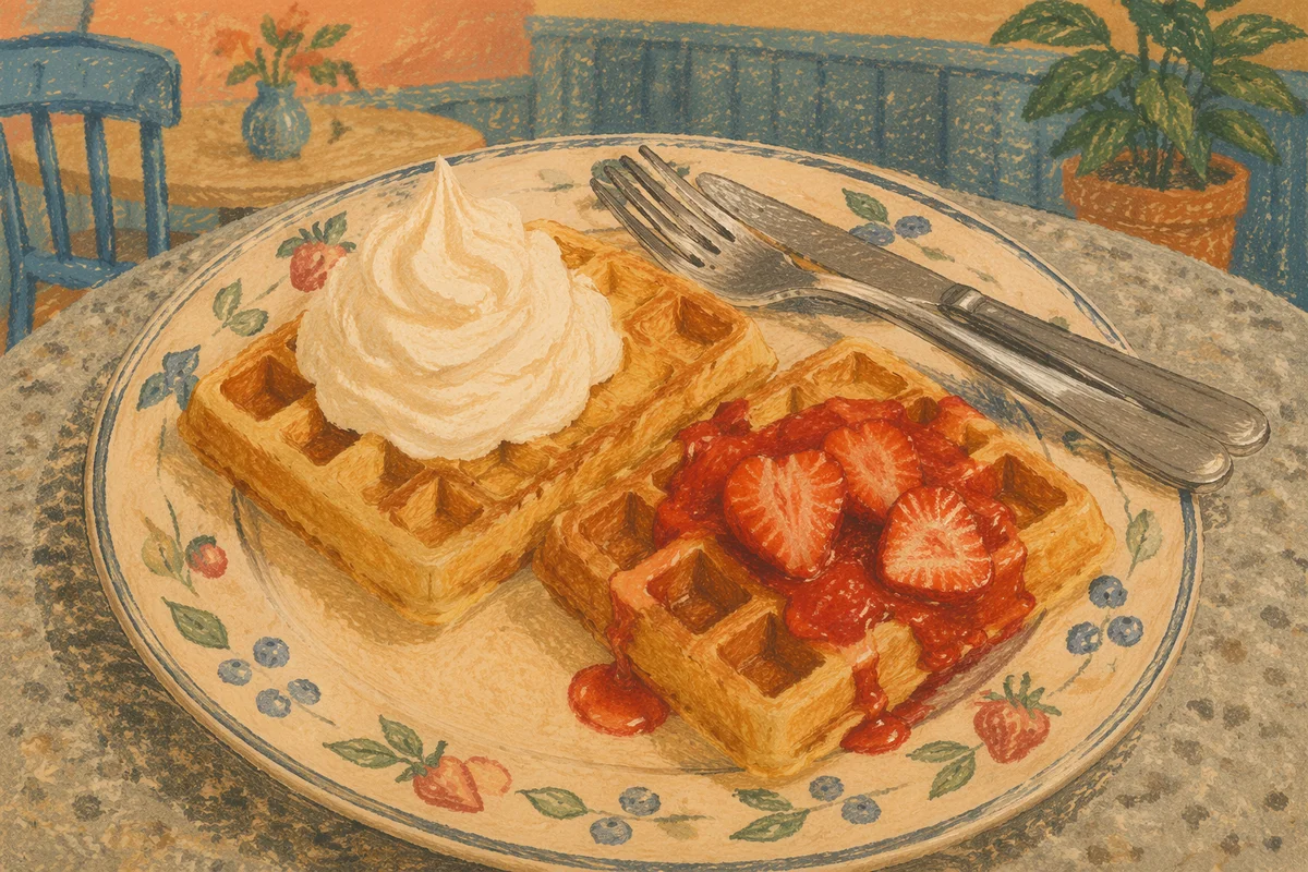 Cozy Waffles with Cream and Strawberries