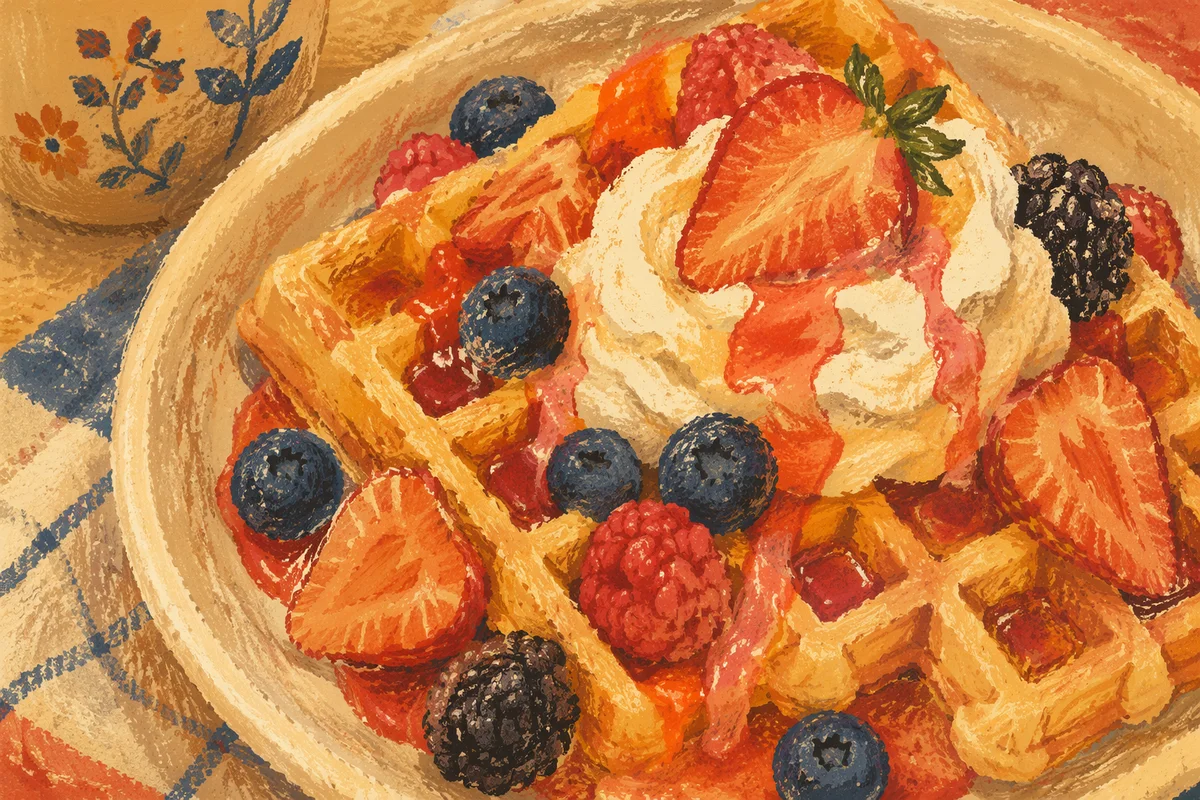 Golden Waffles with Strawberries and Whipped Cream