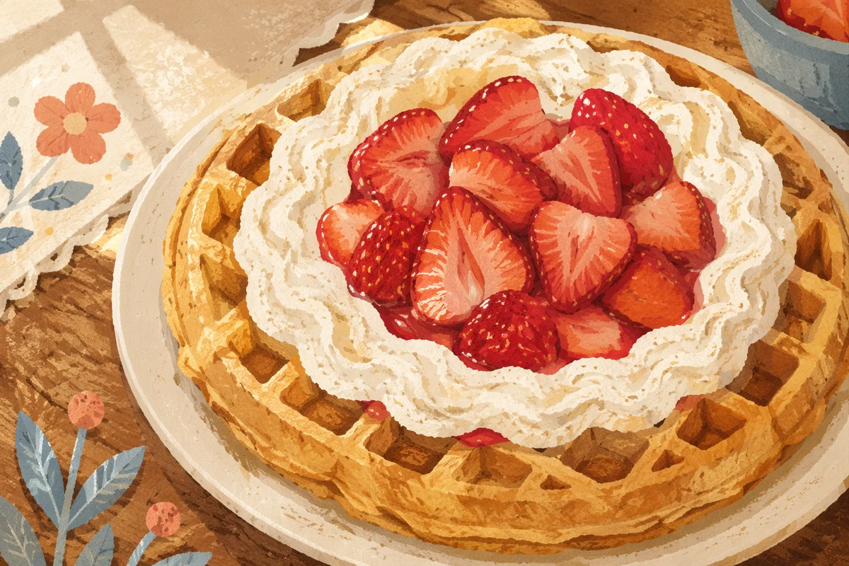 Golden Waffles with Cream and Strawberries