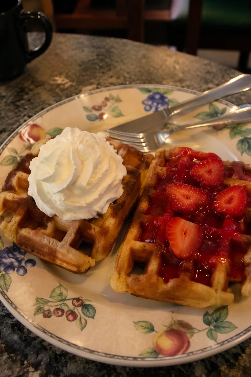 Belgian Waffles with Cream and Strawberries