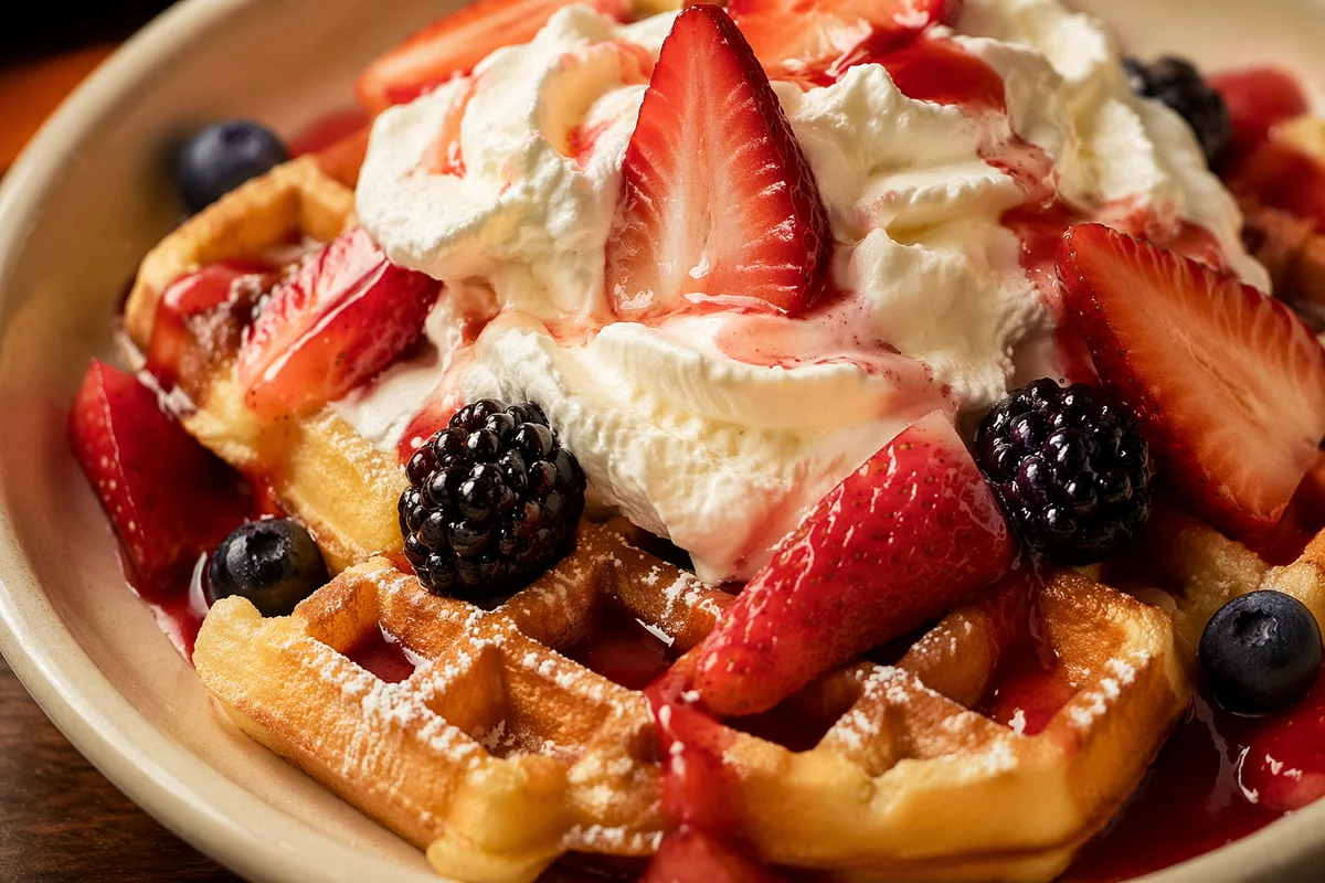 Golden Waffles with Cream and Strawberries