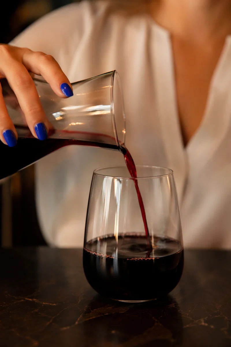 Elegant Red Wine Pour with Cobalt Nails