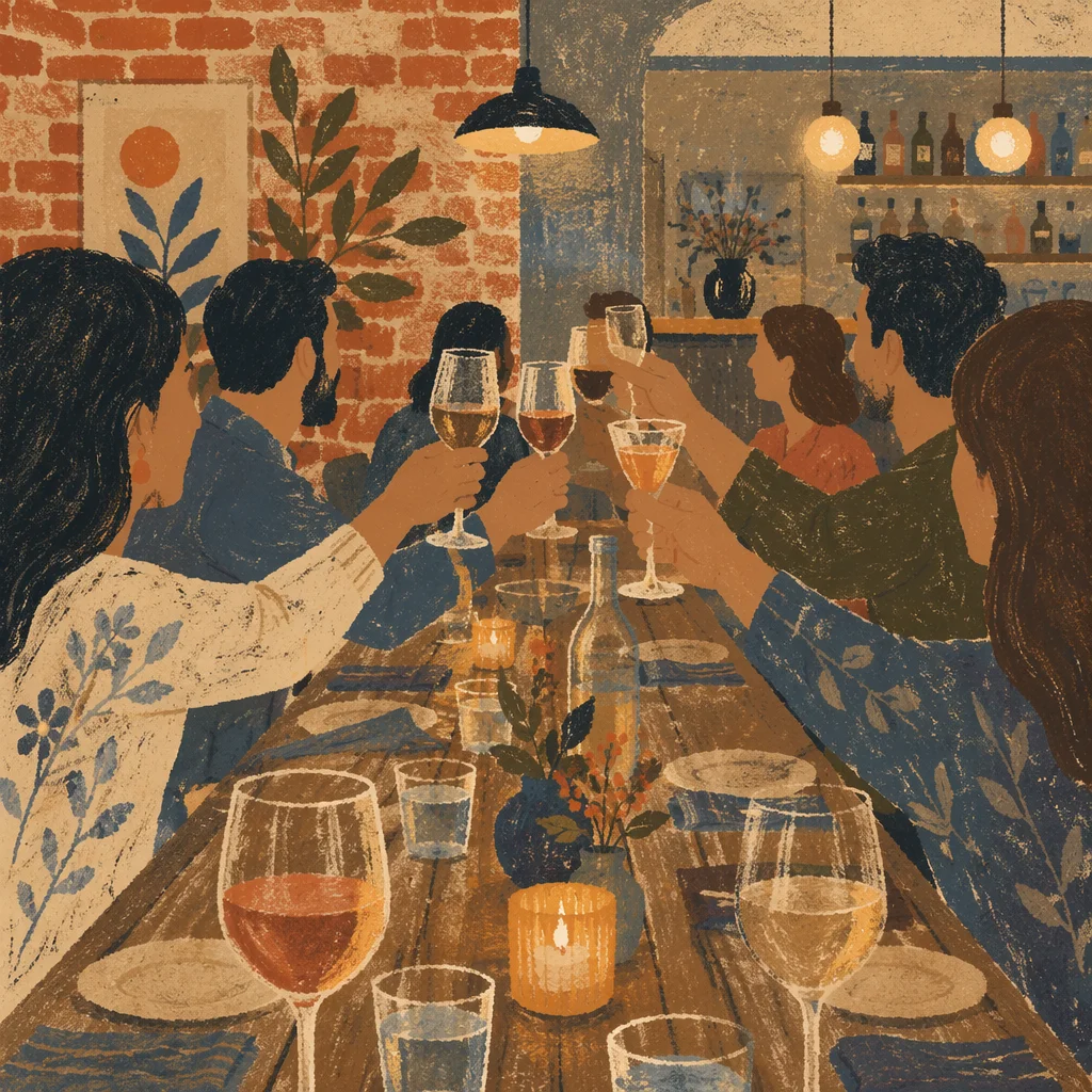 Warm Bistro Dinner Cheers with Wine Glasses