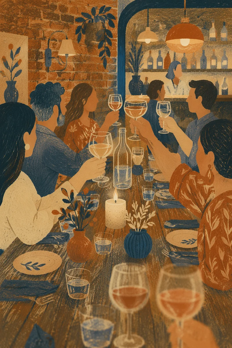 Warm Bistro Dinner Cheers with Wine Glasses