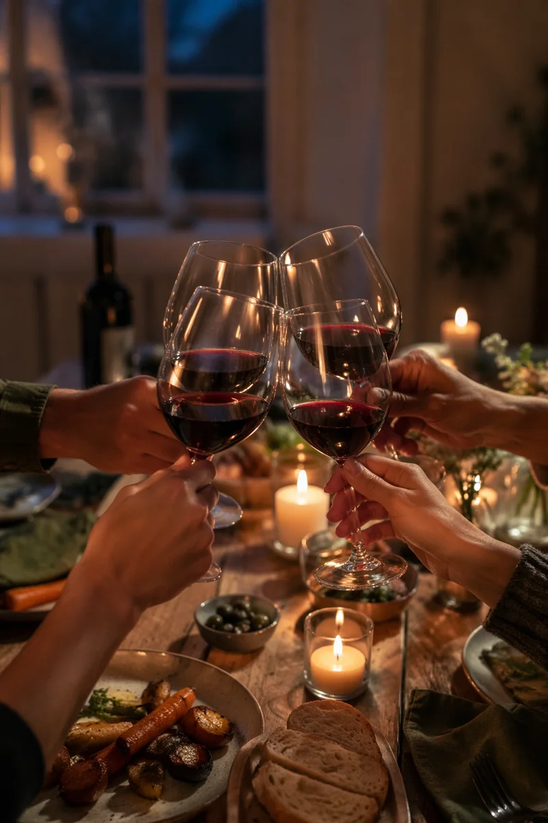 Wine Glass Toast Over Cozy Dinner