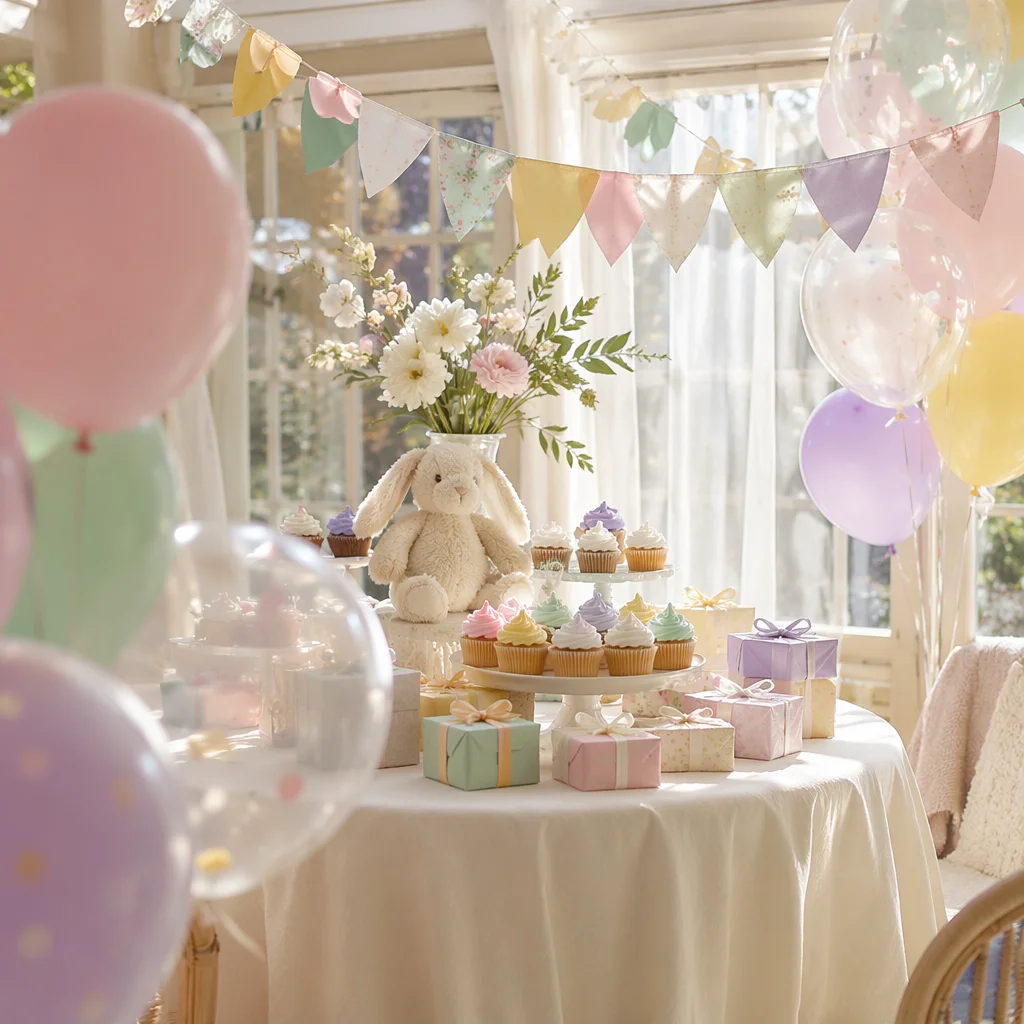 Pastel Baby Shower Decorations in Sunroom