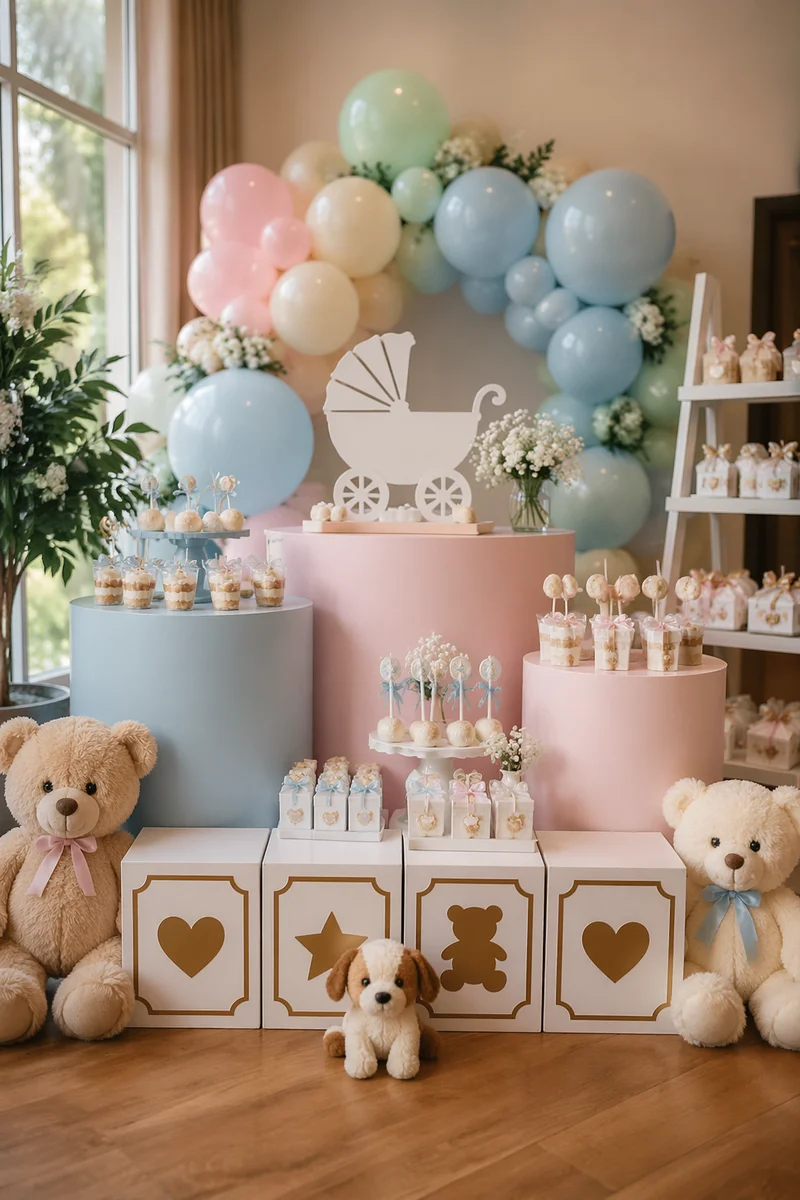 Pastel Baby Shower Dessert Party Setup