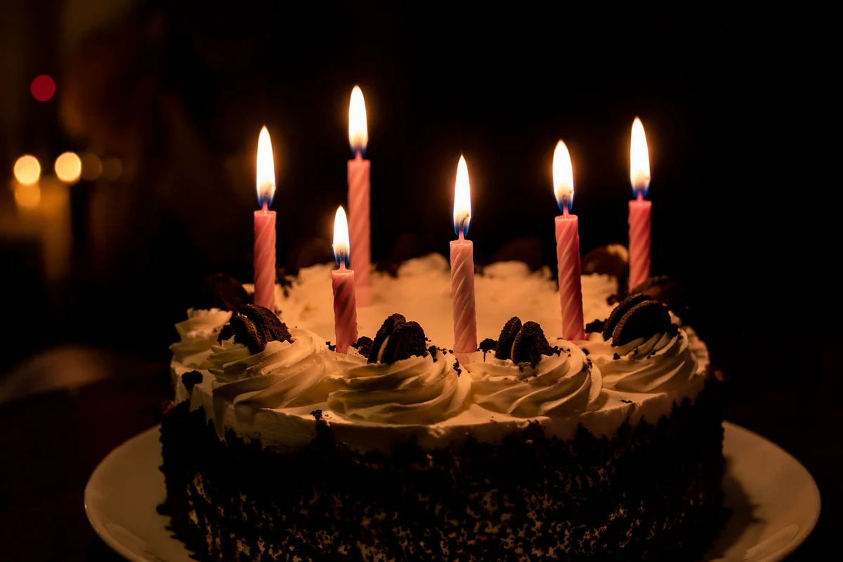 Glowing Birthday Candles on Chocolate Cake