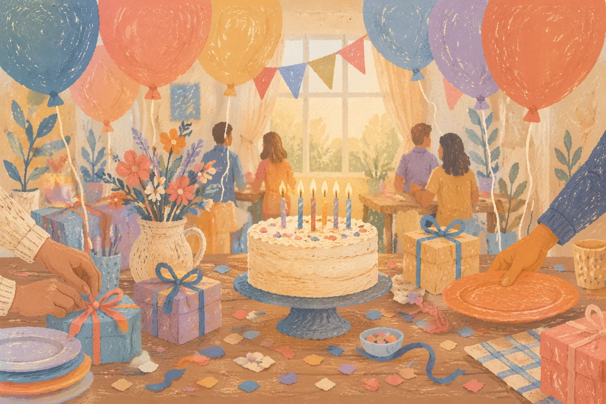 Joyful Birthday Table with Balloons and Confetti