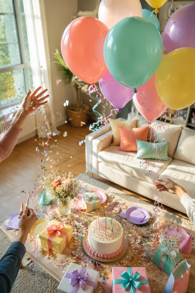 Colorful Birthday Balloons in Sunlit Living Room
