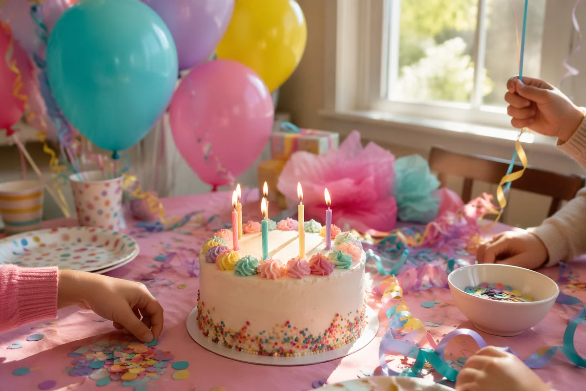 Colorful Birthday Table with Balloons and Confetti