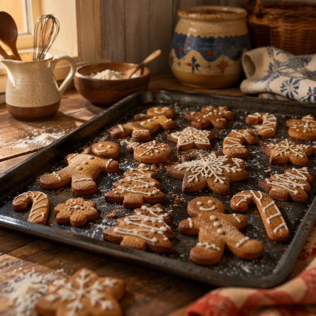 Fresh Gingerbread Christmas Cookies on Rustic Tray
