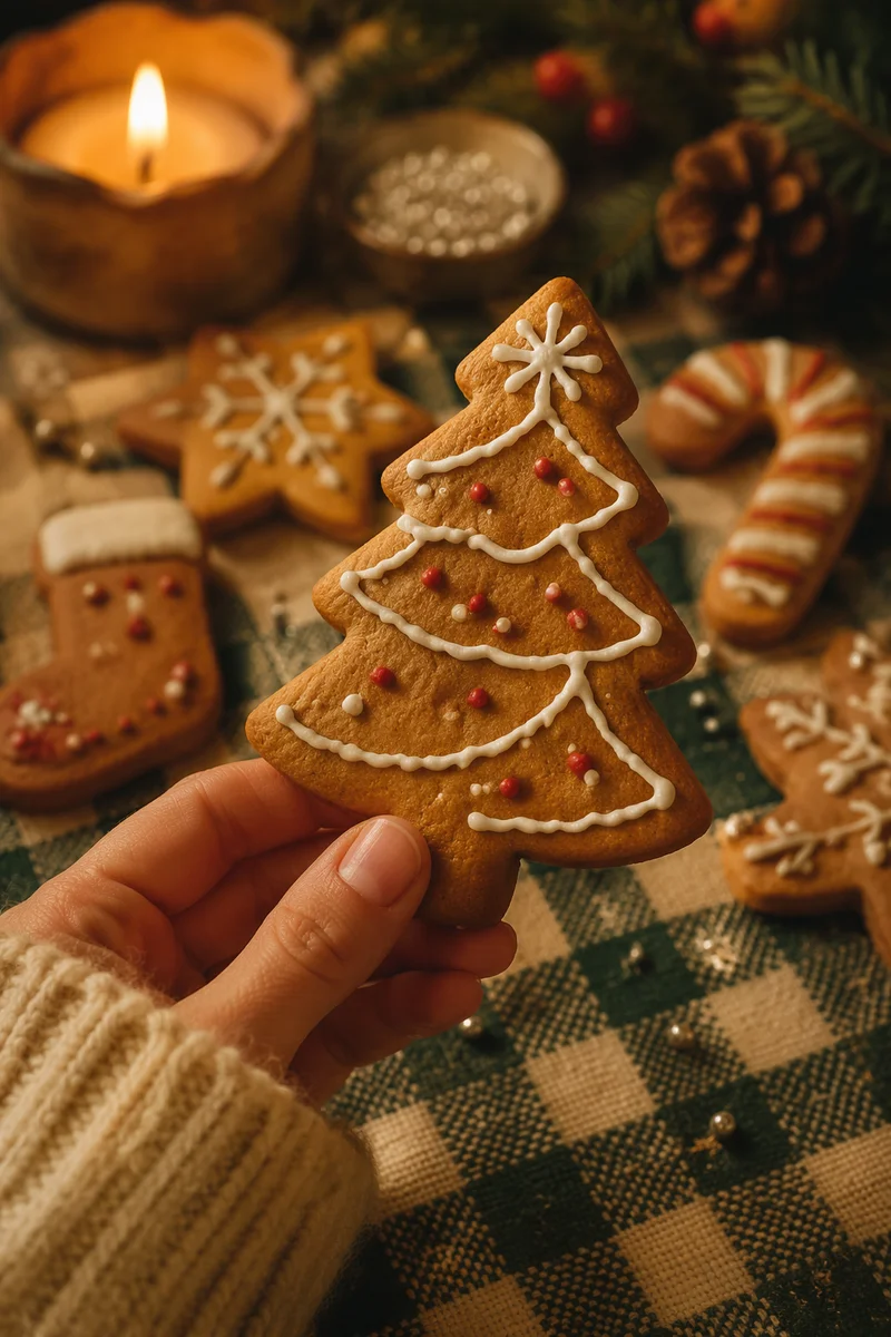 Hand Holding Festive Gingerbread Tree Cookie