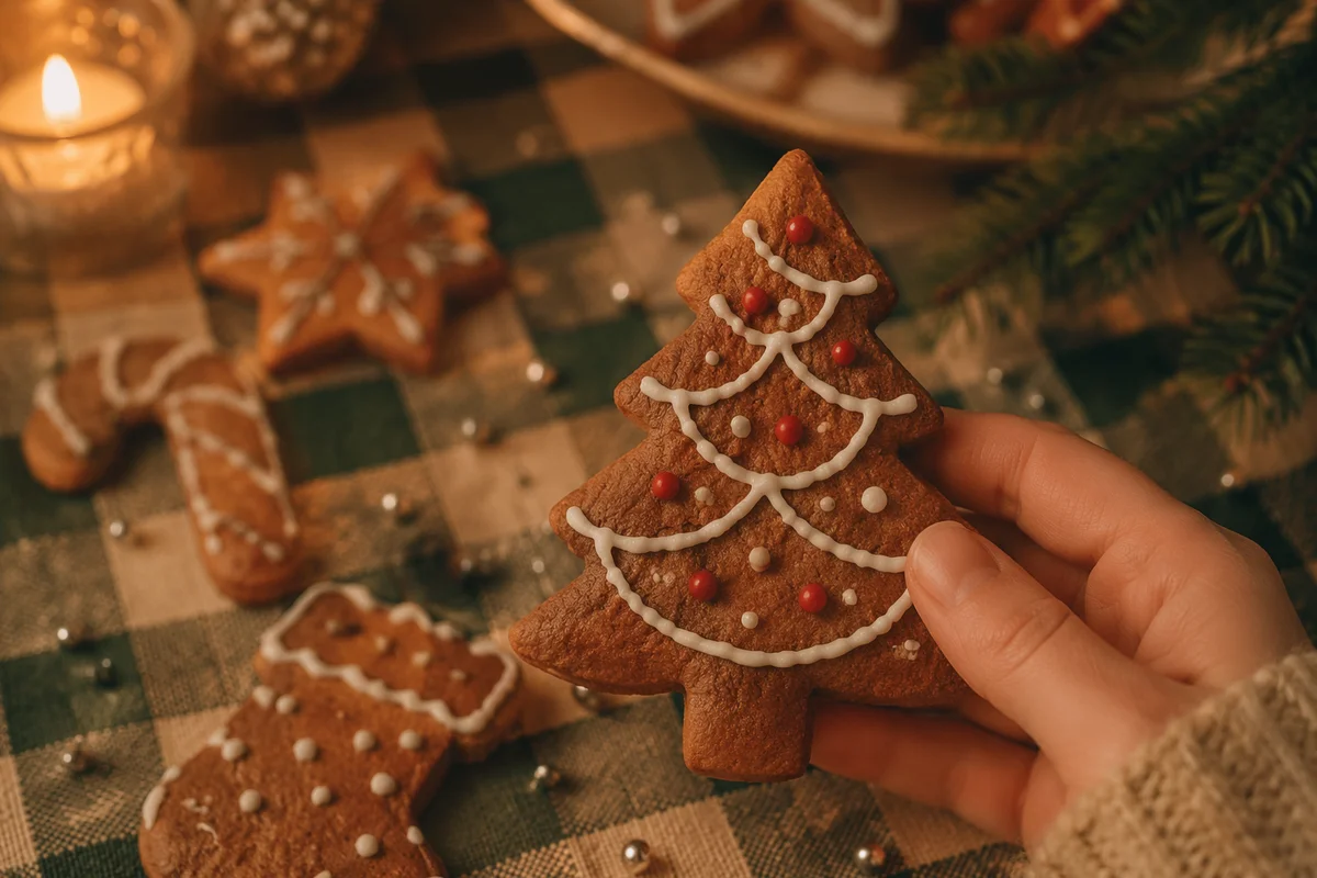 Hand Holding Festive Gingerbread Tree Cookie