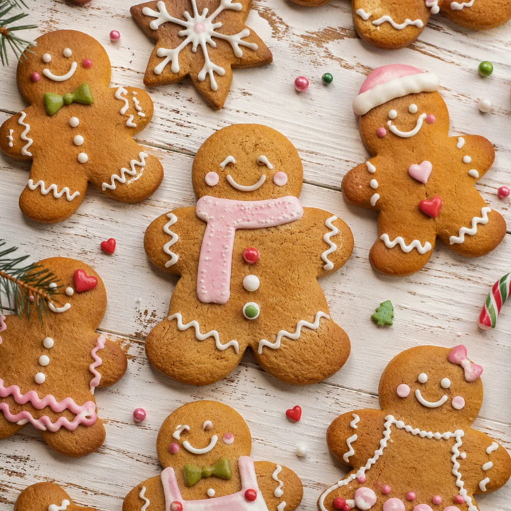 Festive Gingerbread Cookies on Whitewashed Wood