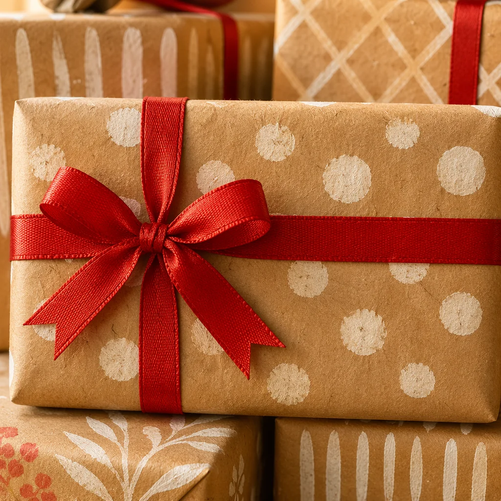 Hand-Painted Kraft Christmas Gifts With Red Ribbon