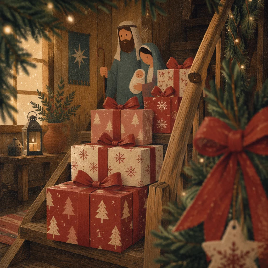 Christmas Gift Boxes on Rustic Staircase