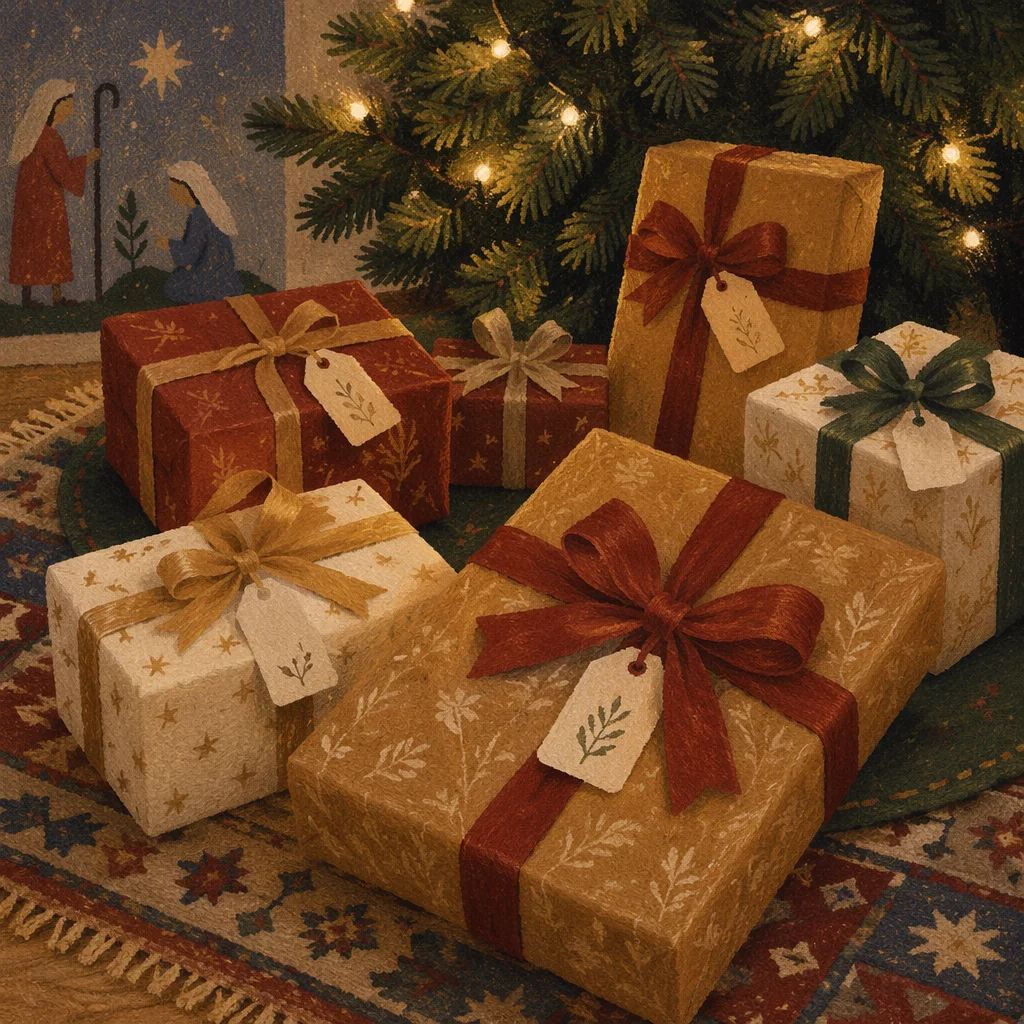 Cozy Christmas Gifts Beneath Evergreen Tree