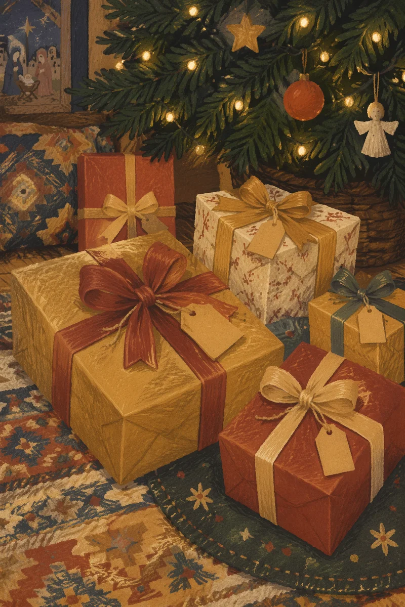 Cozy Christmas Gifts Under Evergreen Tree