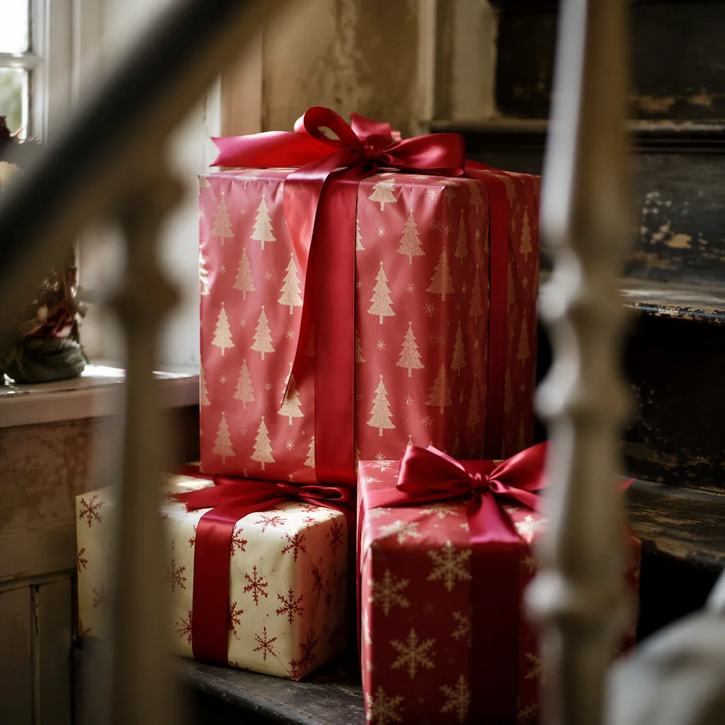 Cozy Christmas Gift Boxes on Stair Ledge