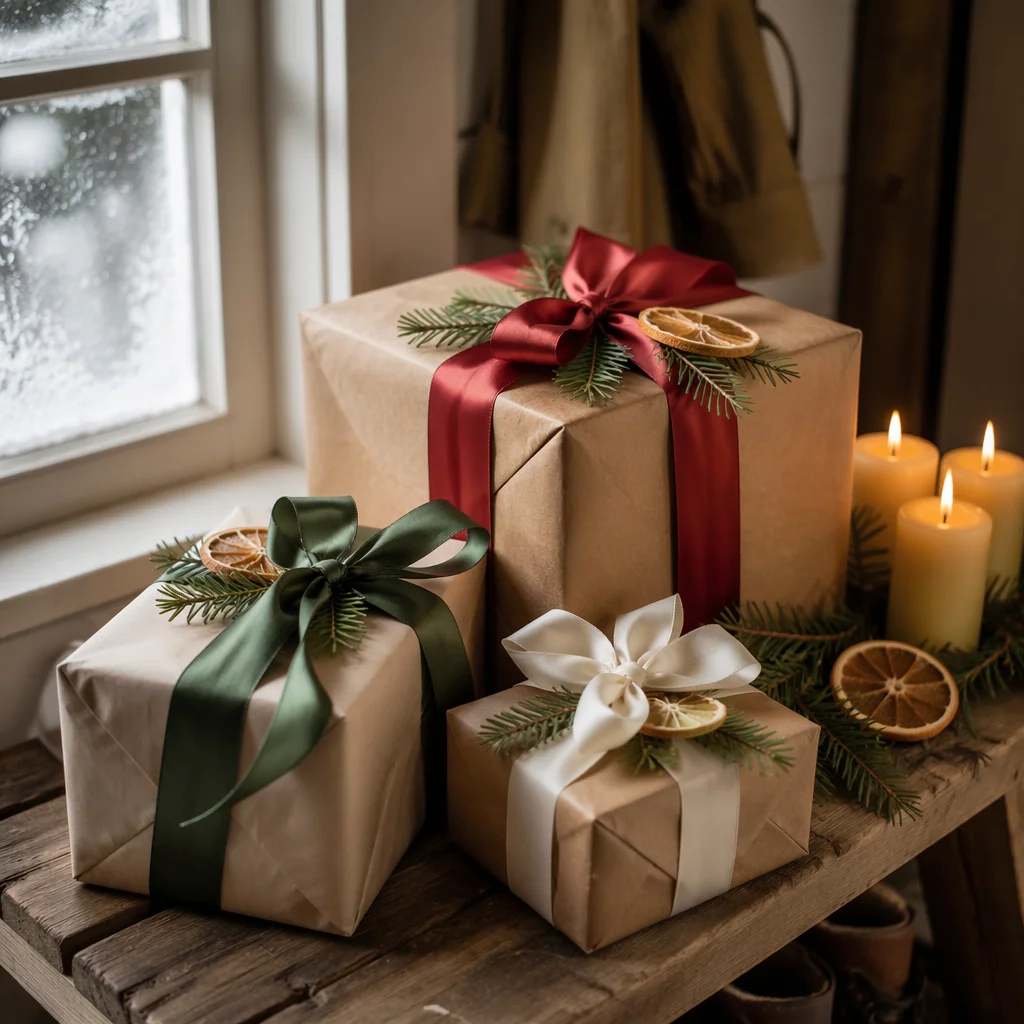 Rustic Christmas Gift Boxes by Frosted Window