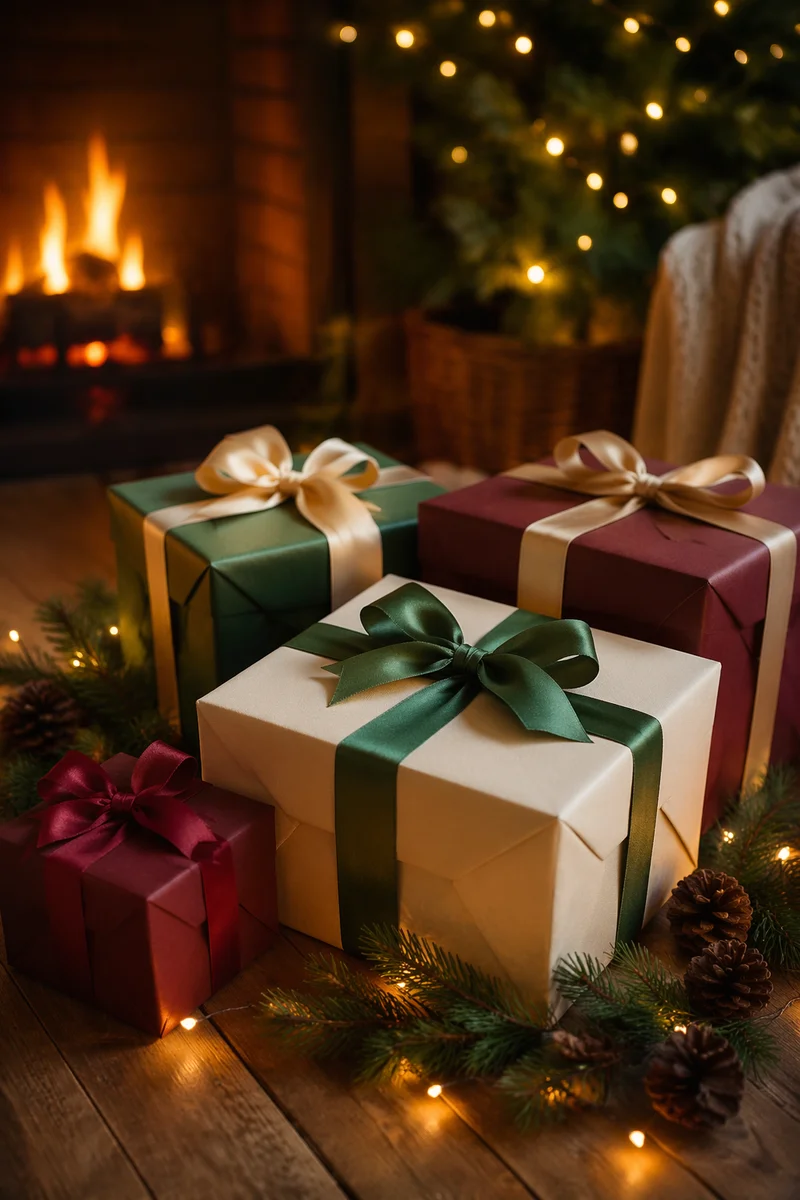 Elegant Christmas Gift Boxes by Fireplace