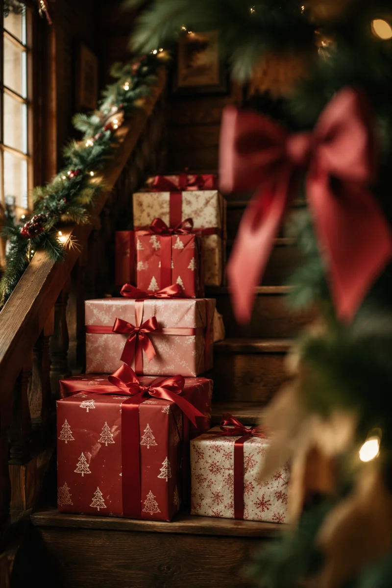 Cozy Christmas Gift Boxes on Staircase