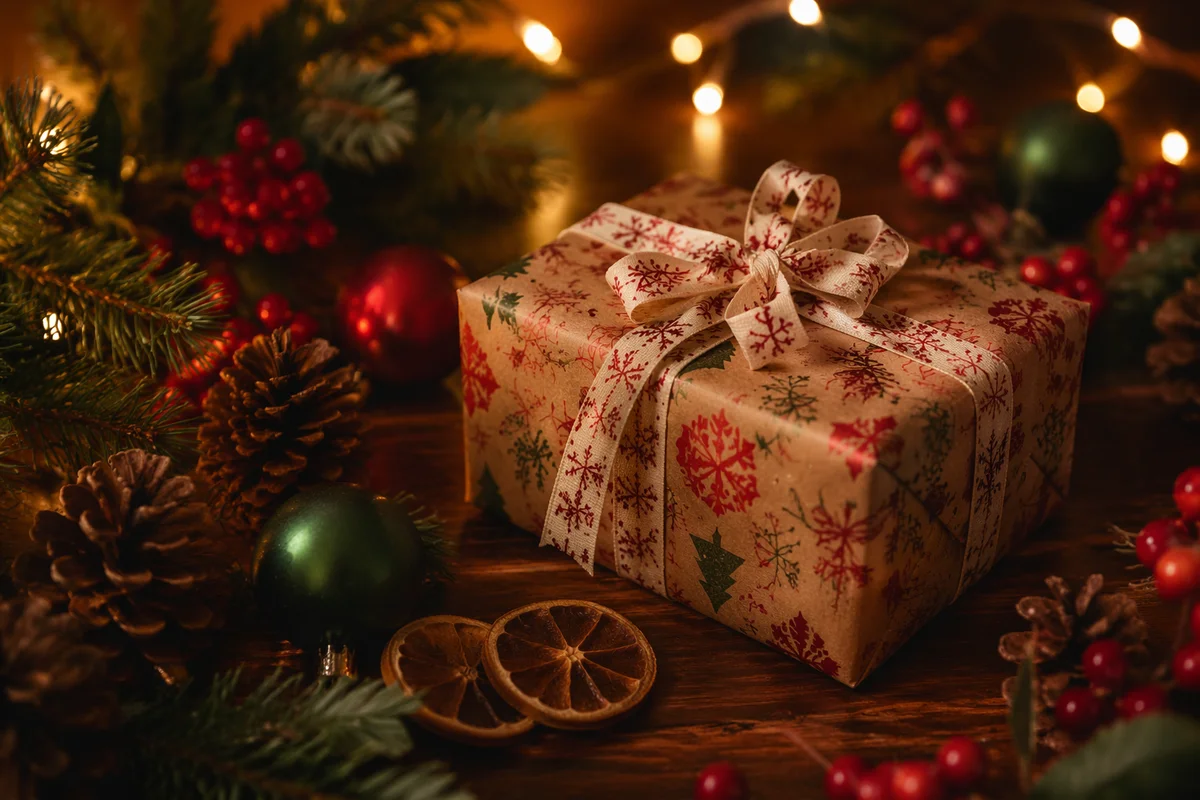 Rustic Christmas Gift Box With Festive Ribbon