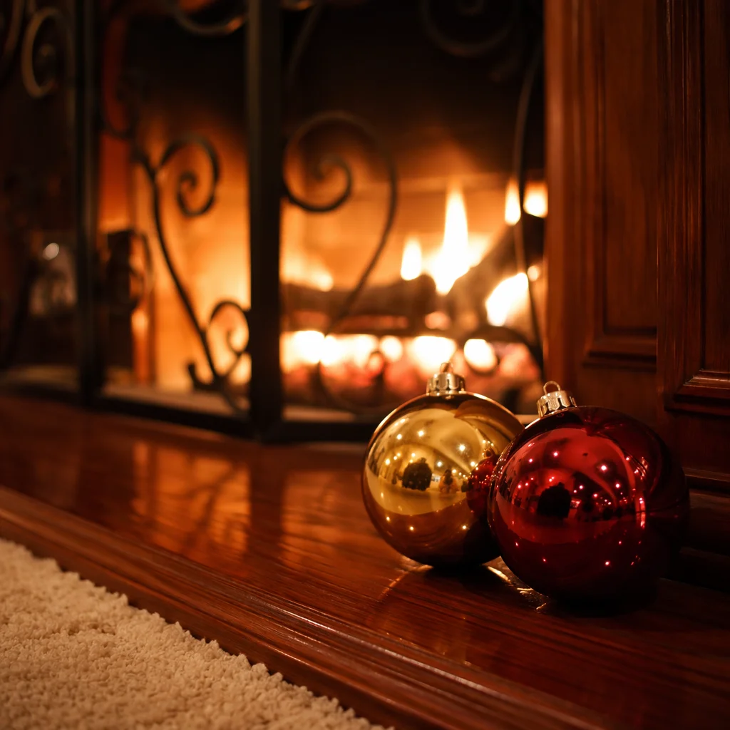 Warm Christmas Ornaments by Cozy Fireplace