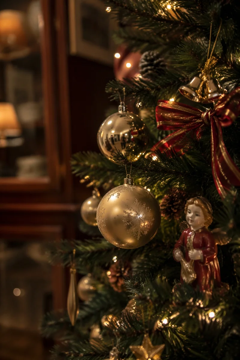 Warm Christmas Tree Ornaments with Golden Lights