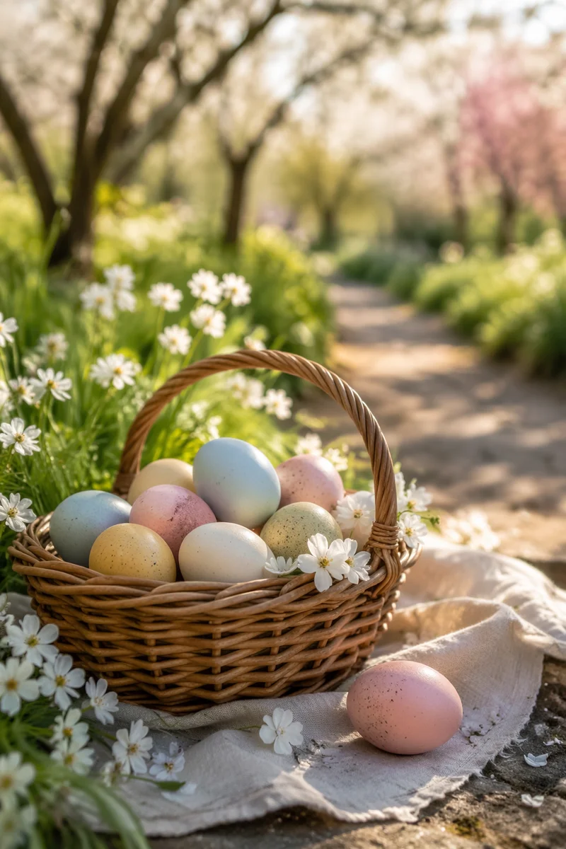 Pastel Easter Basket in Spring Garden