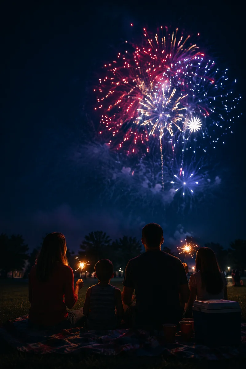 Fourth of July Fireworks Over Quiet Park