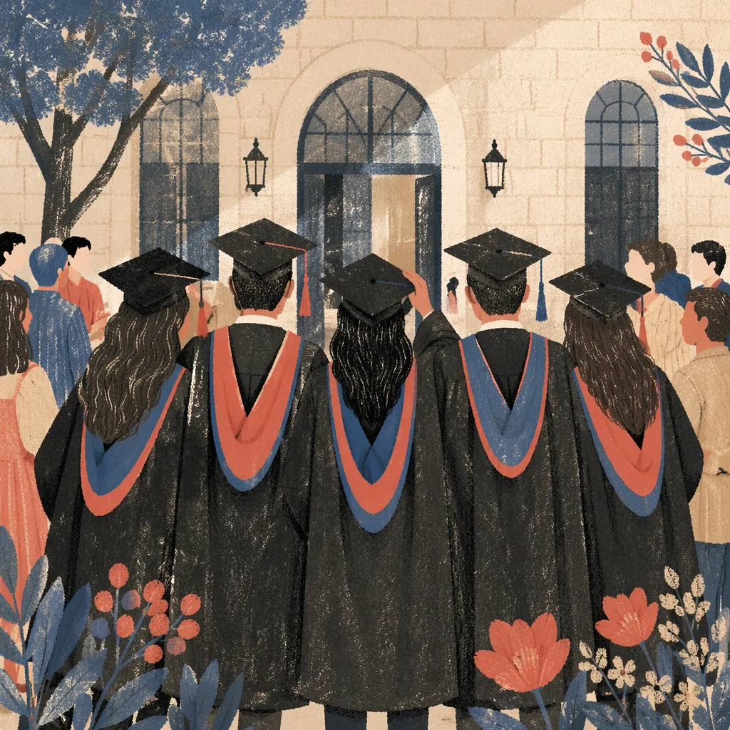 Graduates Celebrating Outside Modern Campus Hall