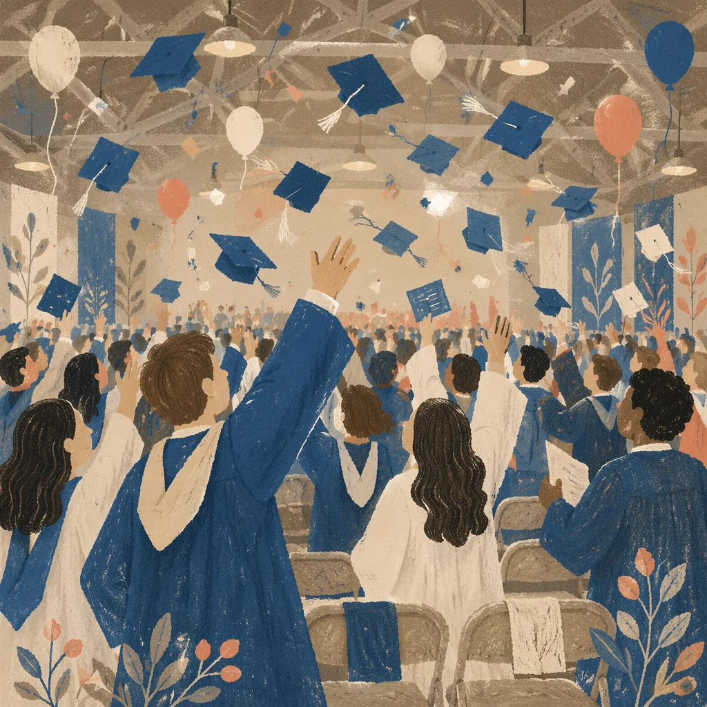 Joyful Blue Graduation Cap Toss Ceremony